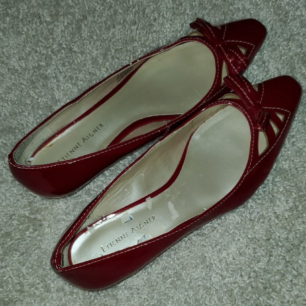 Etienne Aigner Red Patent Leather Flats with Bow Detail